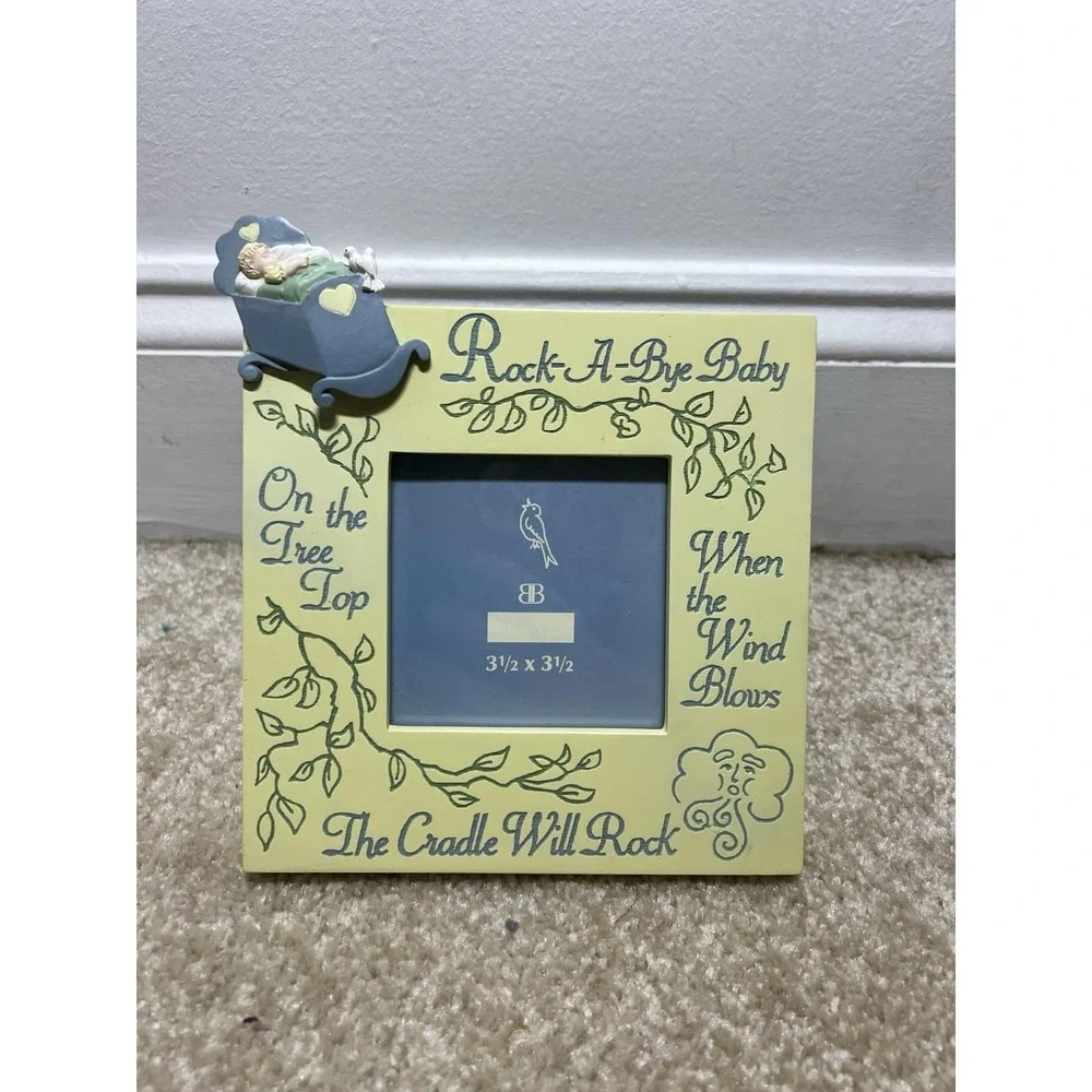Vintage Hand Painted Rockabye Baby Yellow Nursery Decor Photo Frame 3.5 x 3.5